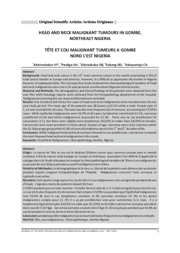 (PDF) Head and neck malignant tumours in gombe, northeast Nigeria