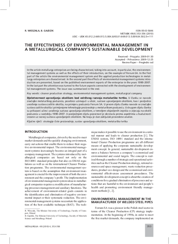 (PDF) The Effectiveness of Environmental Management in a Metallurgical ...