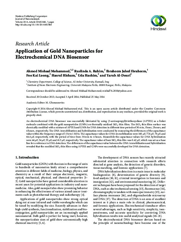 Application of Gold Nanoparticles for Electrochemical DNA Biosensor