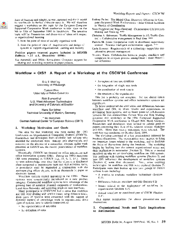 (PDF) Workflow = OIS? A report of a workshop at the CSCW '94 conference