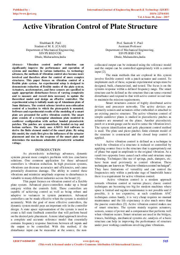 (PDF) Active Vibration Control of Plate Structure