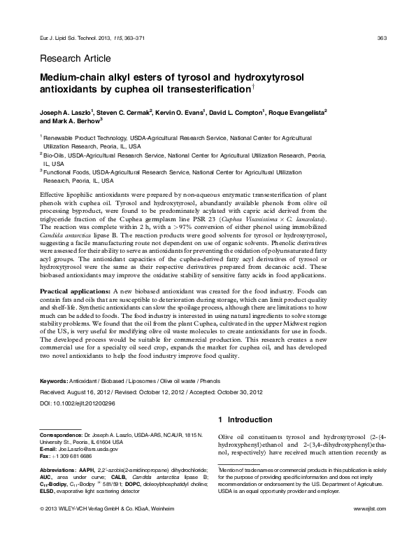 (PDF) Medium‐chain alkyl esters of tyrosol and hydroxytyrosol ...