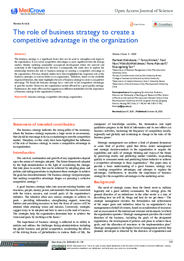 (PDF) The role of business strategy to create a competitive advantage ...