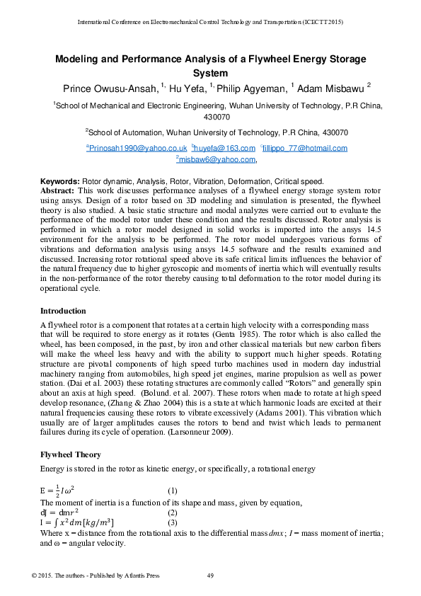 (PDF) Modeling and Performance Analysis of a Flywheel Energy Storage