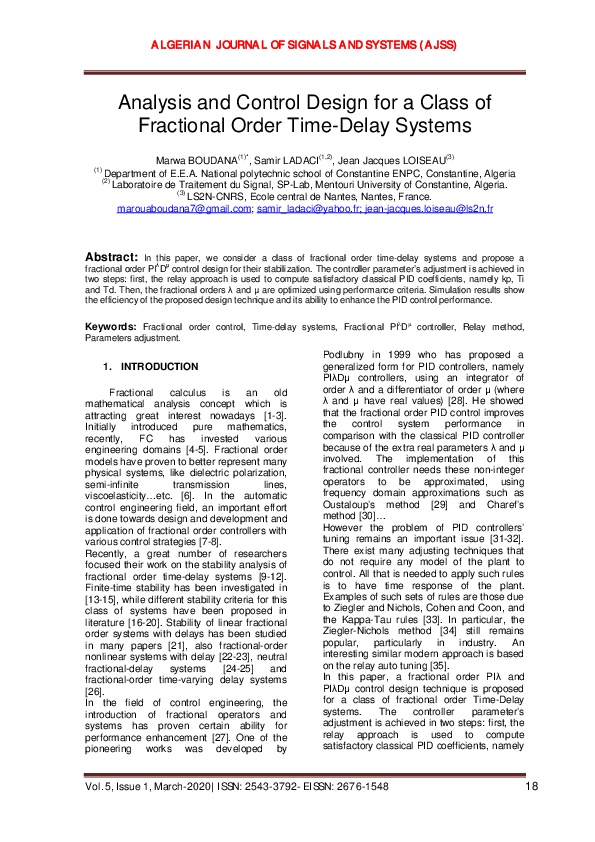 (PDF) Analysis and Control Design for a Class of Fractional Order Time ...