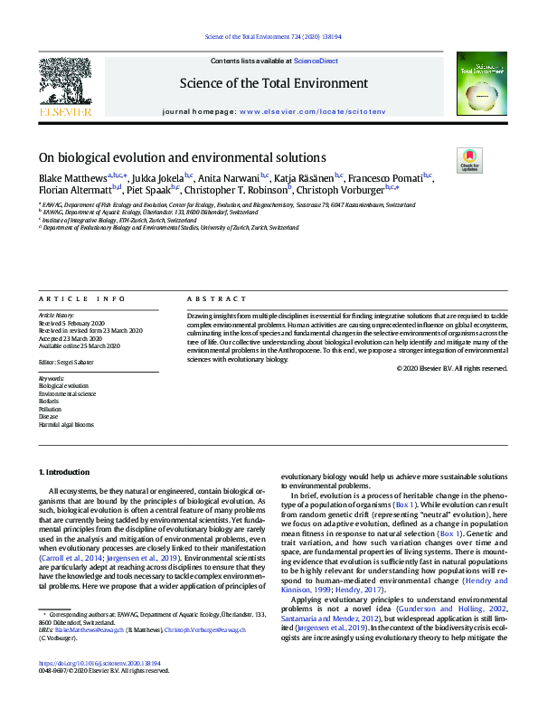 (PDF) On biological evolution and environmental solutions
