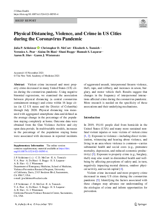 (PDF) Physical Distancing, Violence, and Crime in US Cities during the ...