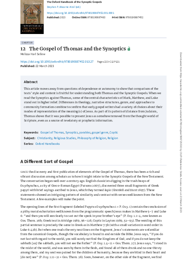 (PDF) The Gospel of Thomas and the Synoptic Gospels