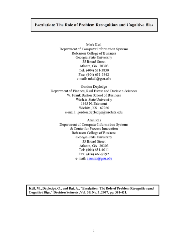 (PDF) Escalation: The Role of Problem Recognition and Cognitive Bias
