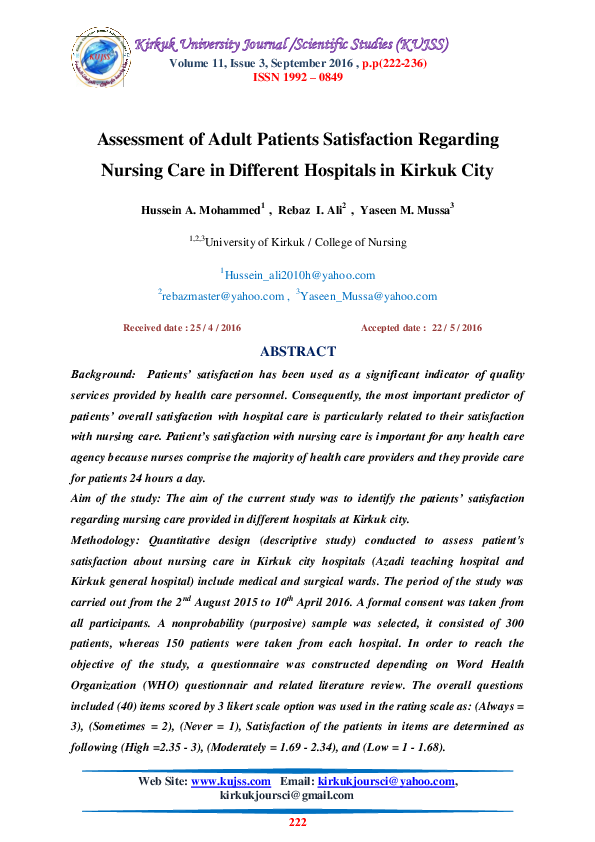 (PDF) Assessment of Adult Patients Satisfaction Regarding Nursing Care ...