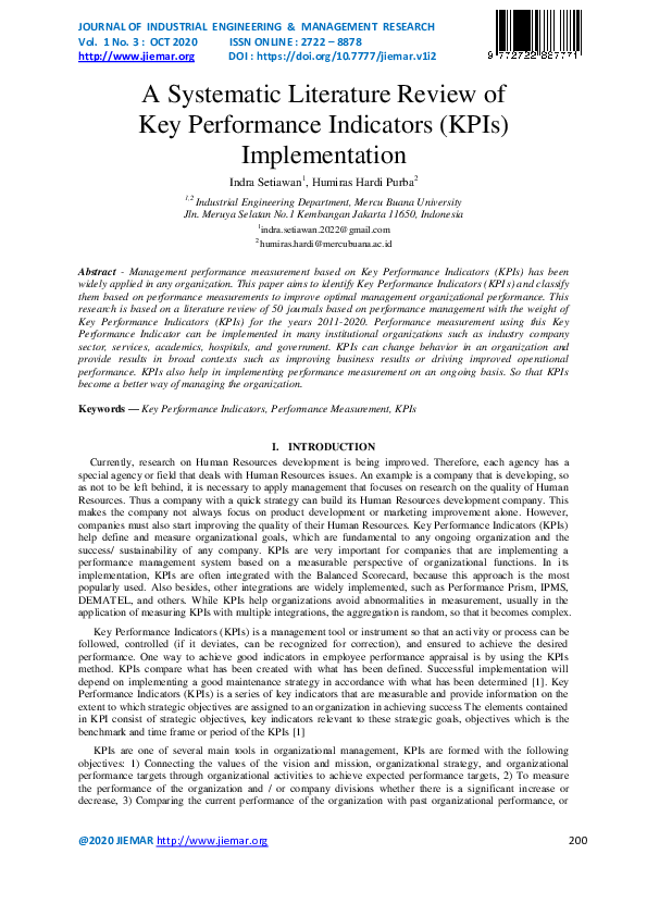 (PDF) A Systematic Literature Review of Key Performance Indicators ...