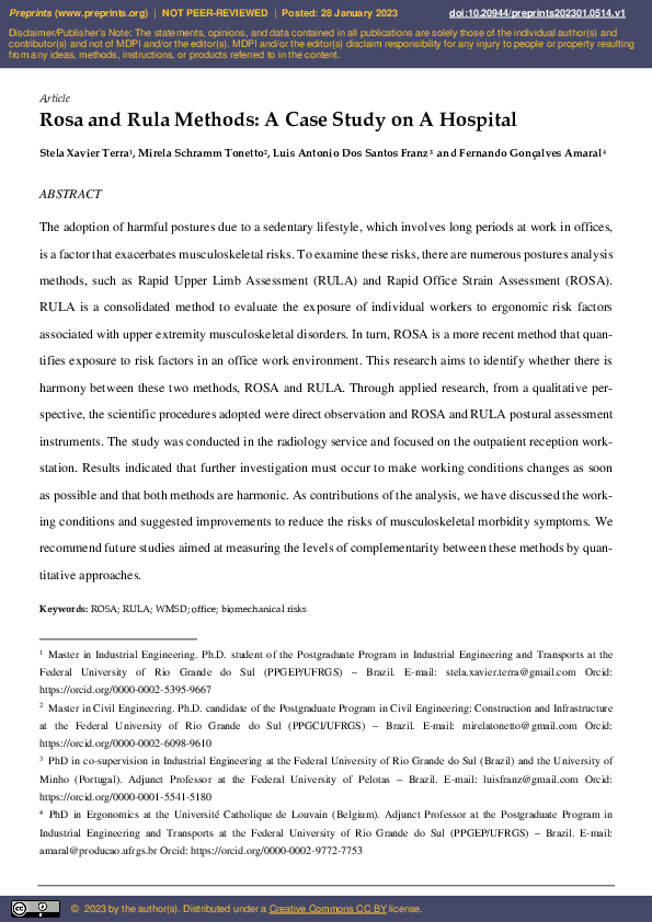 (PDF) ROSA and RULA Methods: A case study on a Hospital