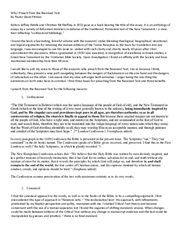 (DOC) Why I Preach from the Received Text By Pastor David Pitman
