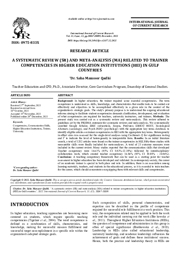 (PDF) A SYSTEMATIC REVIEW (SR) COMPETENCIES IN HIGHER