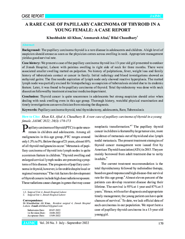 (PDF) A Rare Case of Papillary Carcinoma of Thyroid in a Young Female ...