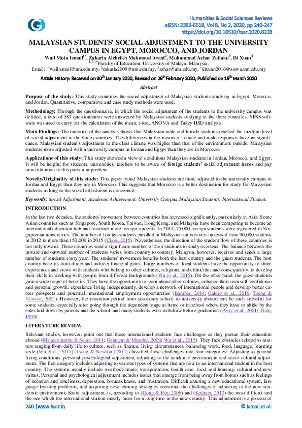 (PDF) Malaysian Students' Social Adjustment to the University Campus in ...