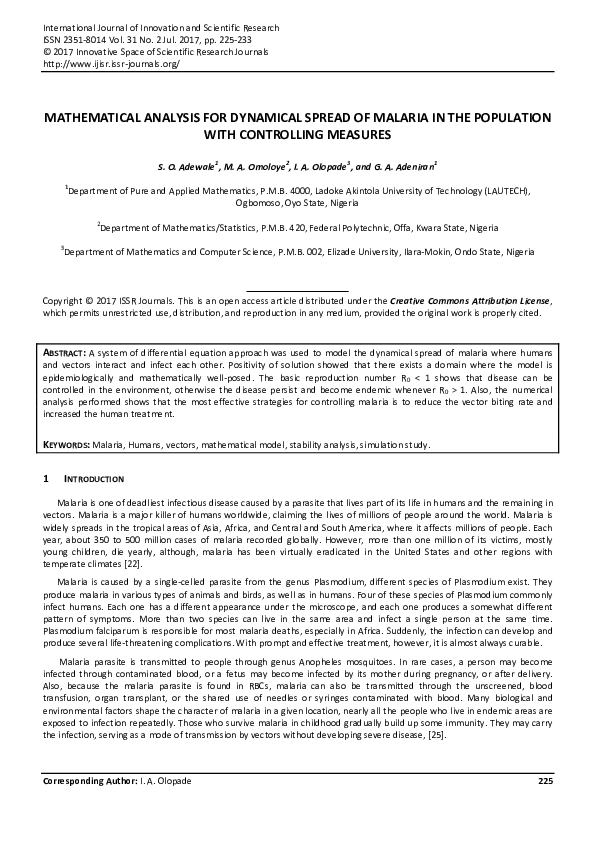 (PDF) Mathematical Analysis for Dynamical Spread of Malaria in the ...