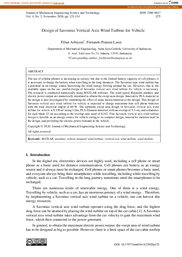 (PDF) Design of Savonius Vertical Axis Wind Turbine for Vehicle
