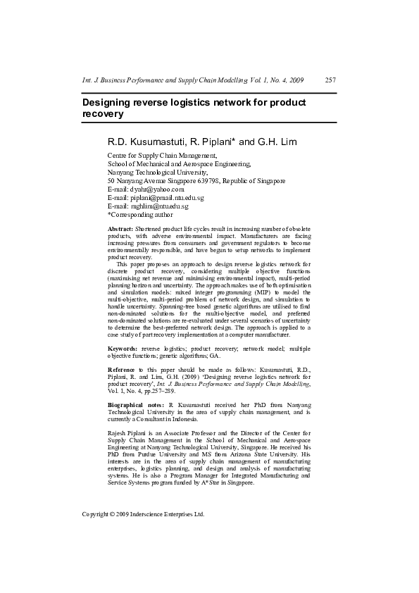 (PDF) Designing reverse logistics network for product recovery