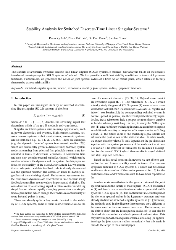 (PDF) Stability analysis for switched discrete-time linear singular systems