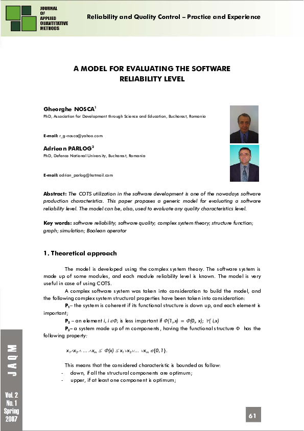 (PDF) A Model for Evaluating the Software Reliability Level