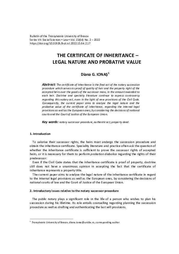 (PDF) The Certificate of Inheritance – Legal Nature and Probative Value