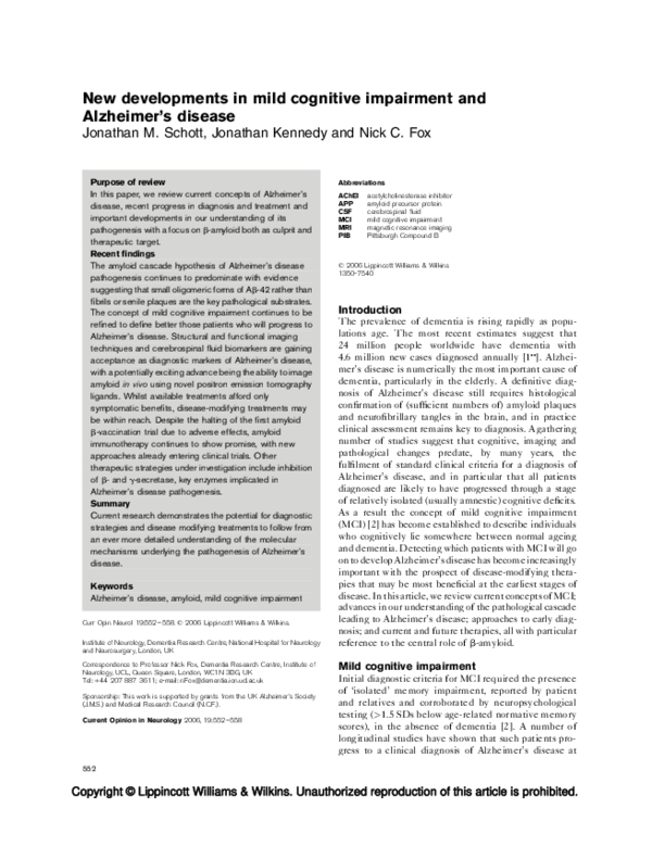 (PDF) New developments in mild cognitive impairment and Alzheimer's disease