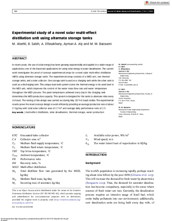 (PDF) Experimental study of a novel solar multi-effect distillation ...