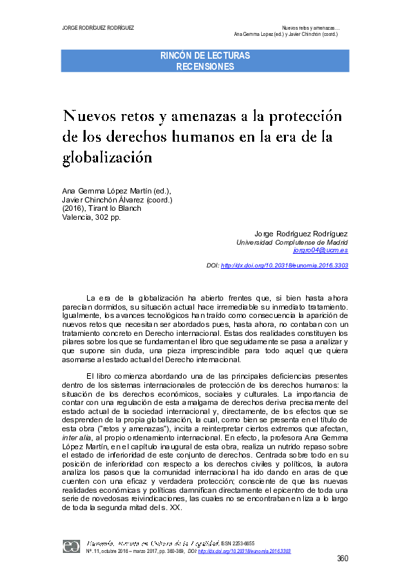 Ana Gemma López Martín (ed.) y Javier Chinchón Álvarez (coord.) (2016), Nuevos retos y amenazas a la protección de los derechos humanos en la era de la globalización