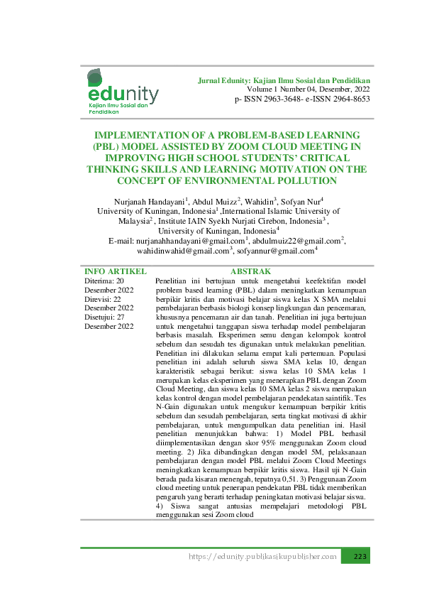 (PDF) Implementation of a Problem-Based Learning (PBL) Model Assisted ...