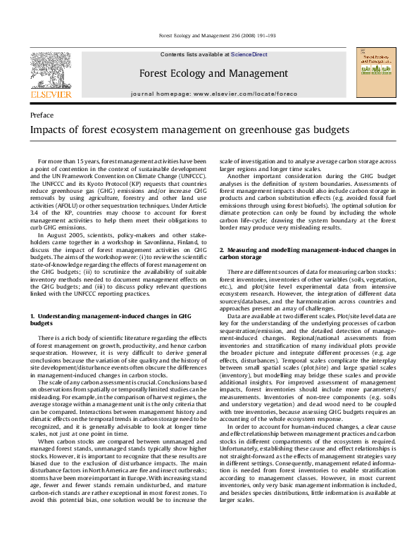 (PDF) Impacts of forest ecosystem management on greenhouse gas budgets