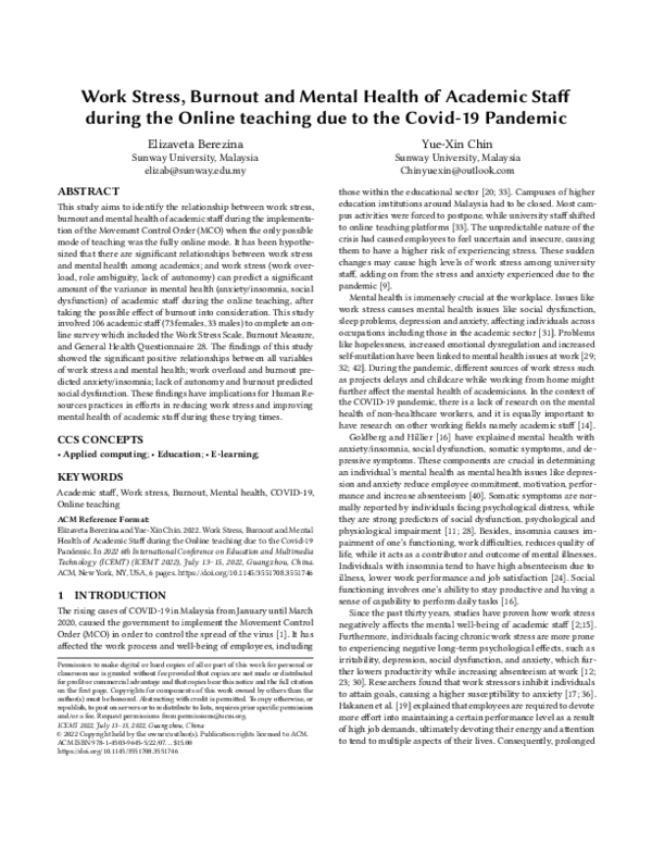 (PDF) Work Stress, Burnout and Mental Health of Academic Staff during ...