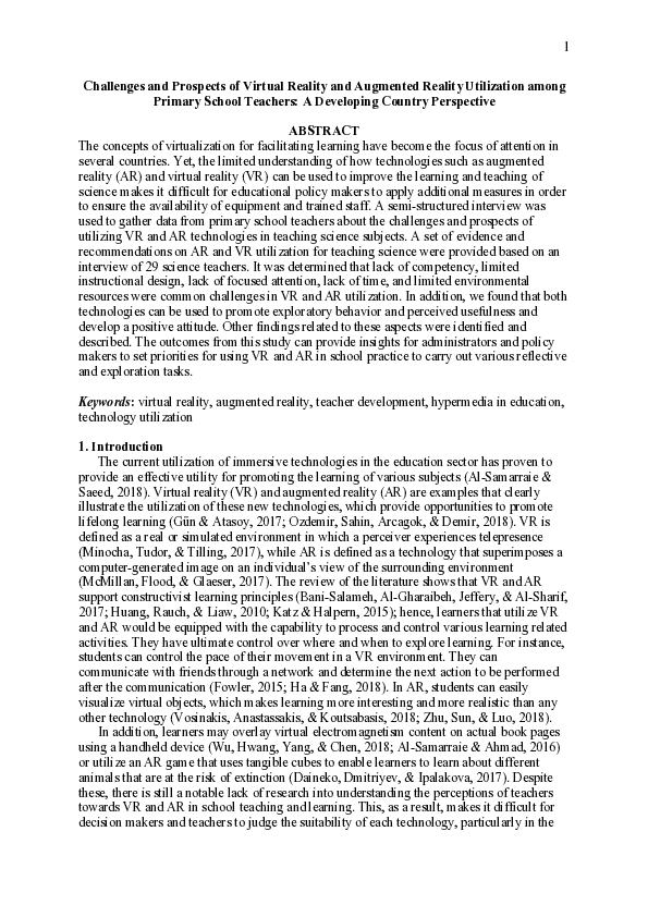 (PDF) Challenges and Prospects of Virtual Reality and Augmented Reality ...