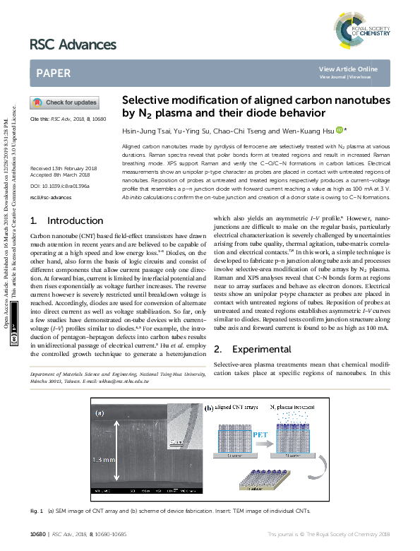 (PDF) Selective modification of aligned carbon nanotubes by N2 plasma ...