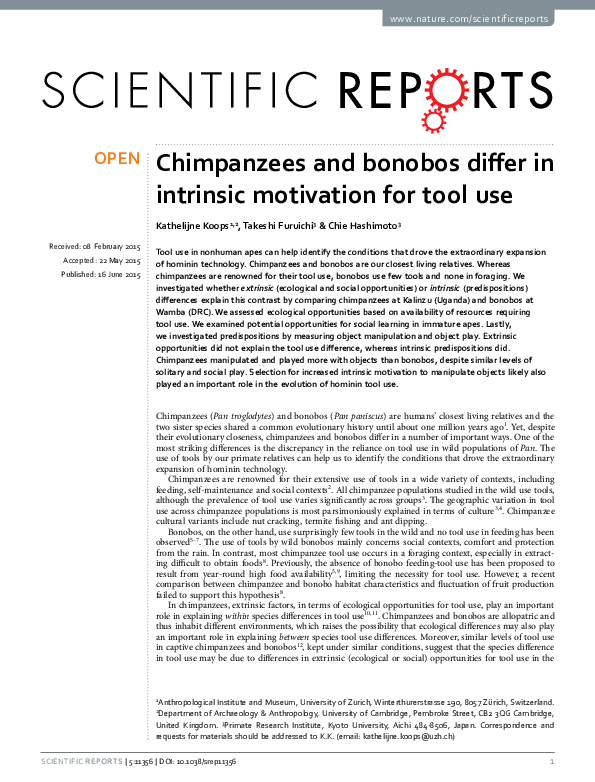 (PDF) Chimpanzees and bonobos differ in intrinsic motivation for tool use