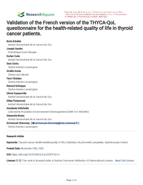 (PDF) Validation of the French version of the THYCA-QoL questionnaire ...