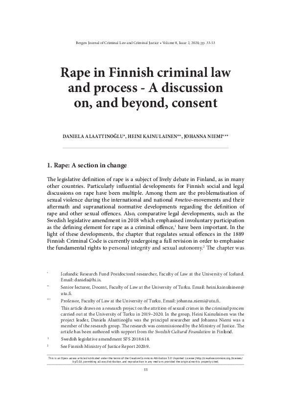 (PDF) Rape in Finnish criminal law and process - A discussion on, and ...