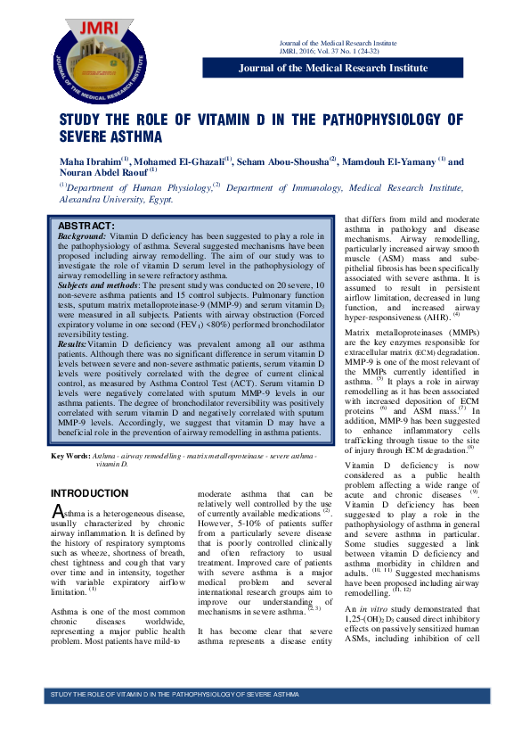 (PDF) Study the Role of Vitamin D in the Pathophysiology of Severe Asthma