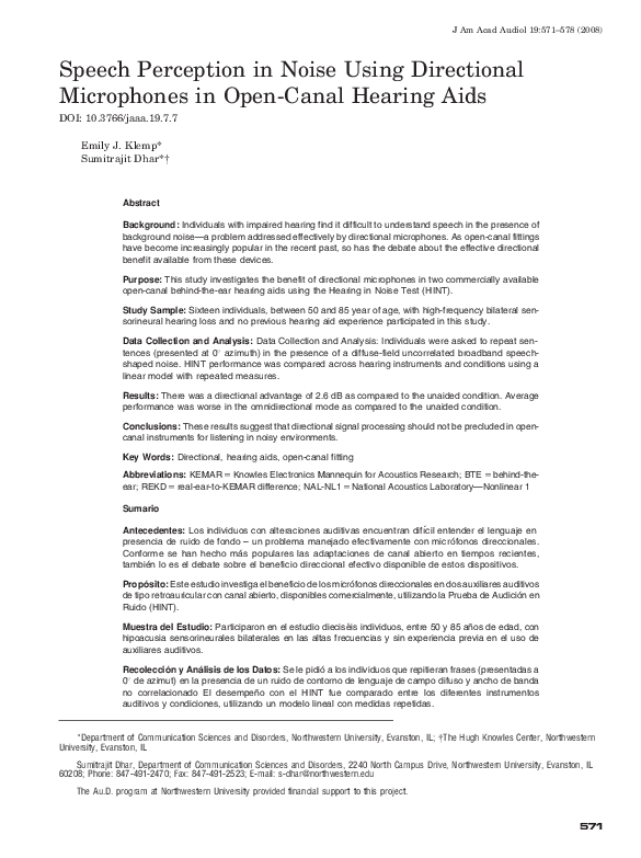 (PDF) Speech Perception in Noise Using Directional Microphones in Open ...