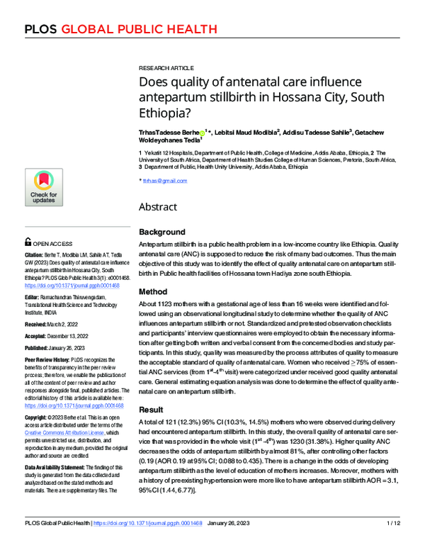 (PDF) Impact of Antenatal Care Quality on Stillbirth