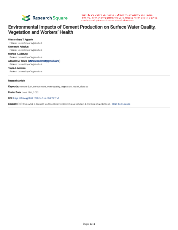 (PDF) Environmental Impacts of Cement Production on Surface Water ...