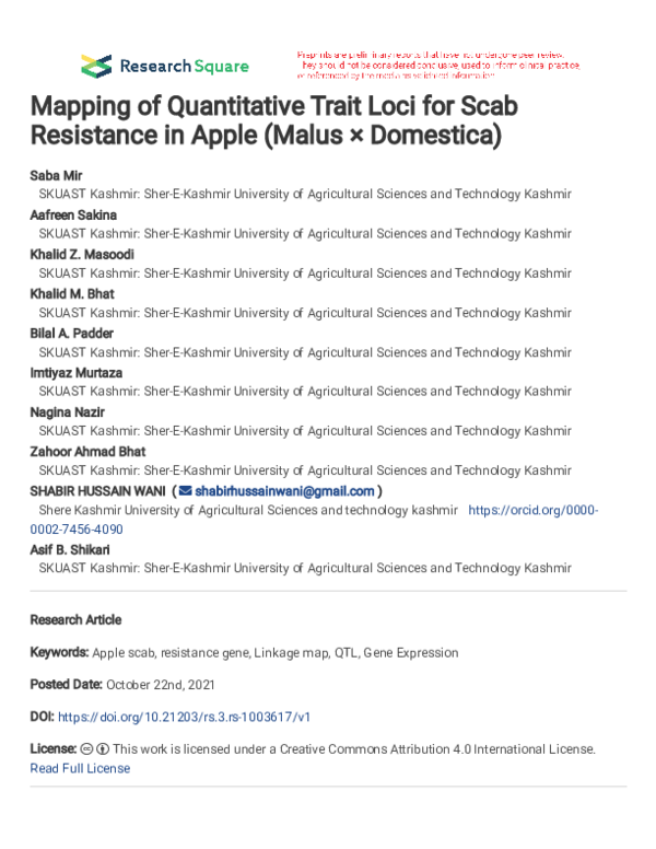 (PDF) Mapping of Quantitative Trait Loci for Scab Resistance in Apple ...