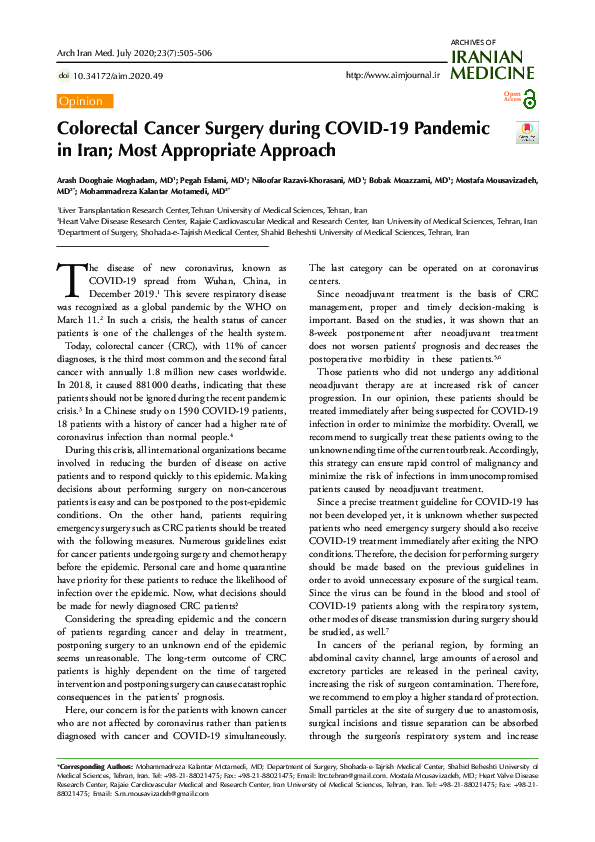 (PDF) Colorectal Cancer Surgery during COVID-19 Pandemic in Iran; Most ...