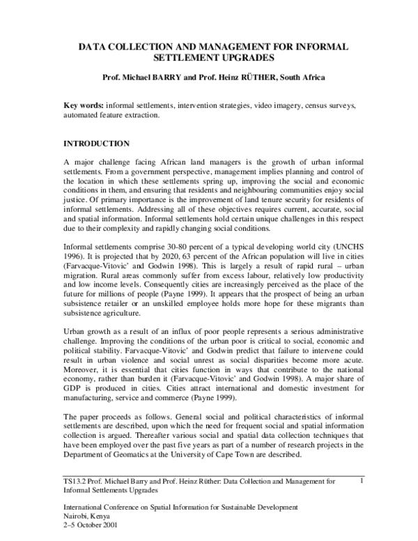 (PDF) Data Collection and Management for Informal Settlement Upgrades