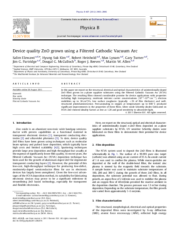 (PDF) Device quality ZnO grown using a Filtered Cathodic Vacuum Arc