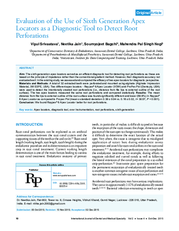 (PDF) Evaluation of the Use of Sixth Generation Apex Locators as a