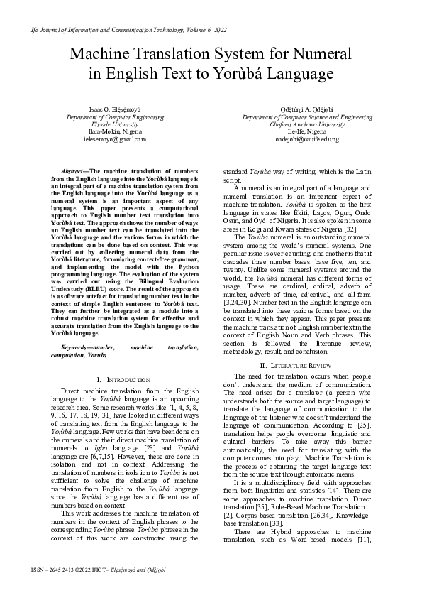 (PDF) Machine Translation System for Numeral in English Text to Yorùbá ...