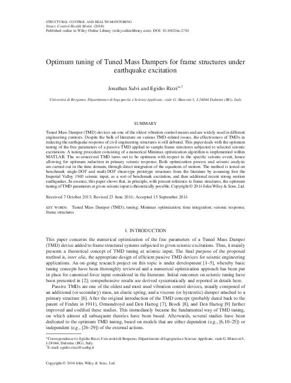 (PDF) Optimum tuning of Tuned Mass Dampers for frame structures under ...