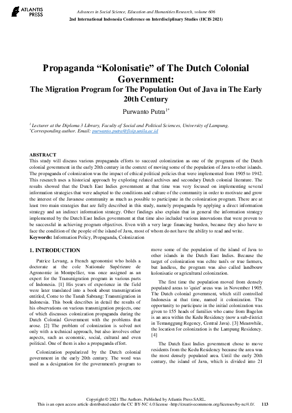 Pdf Propaganda Kolonisatie Of The Dutch Colonial Government