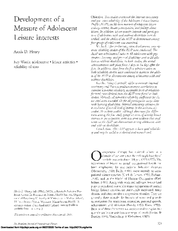 (PDF) Development of a Measure of Adolescent Leisure Interests